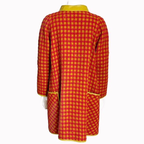 Bonnie Cashin for Sills Coat Large Pocket Pink Check Wool Lime Leather Trim 60s - Picture 12 of 14
